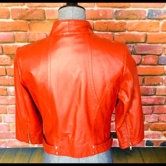 Red Genuine Leather Cropped Motorcycle Jacket - Picture 4 of 5